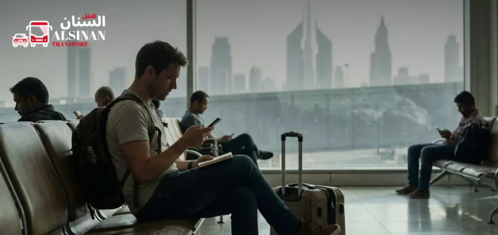 Traveler calmly reviewing plans before a trip to Dubai, focusing on preparation and thoughtful travel planning.