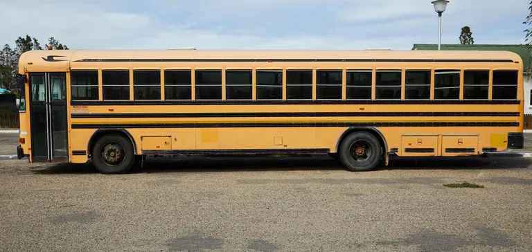 Side view of a yellow school bus parked on a sunny day