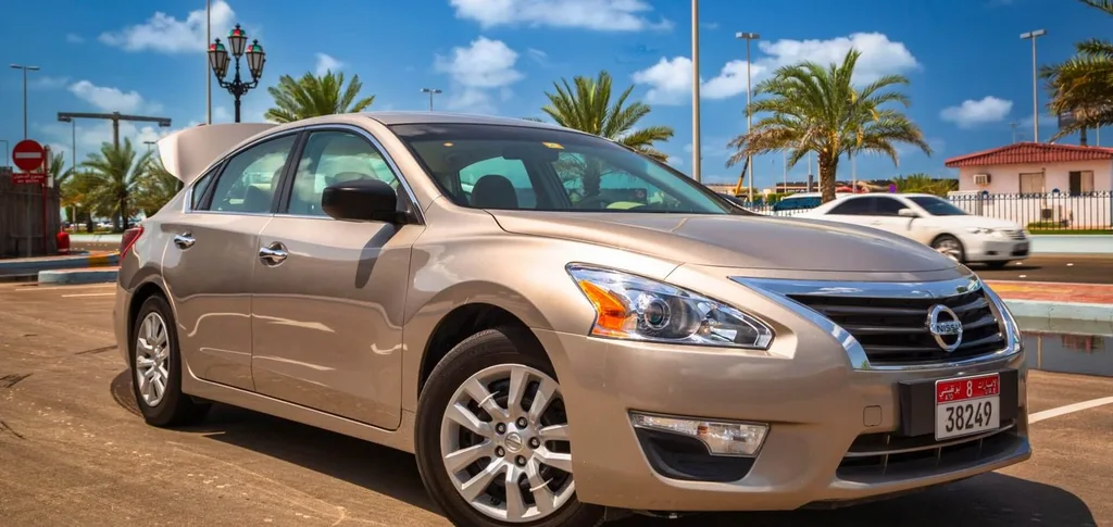 Saloon car from the Alsinan Transport private car rental fleet parked on a palm-lined road